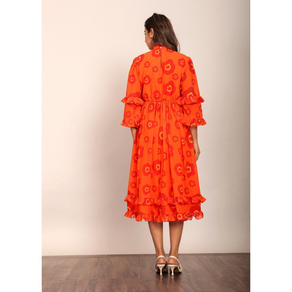 Kaori By Shreya Orange And Red Floral Summer Midi Dress