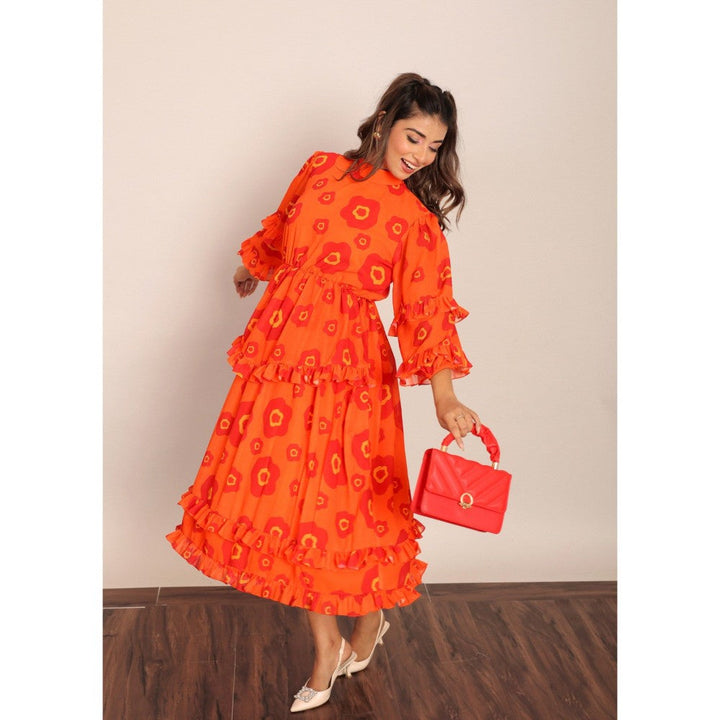 Kaori By Shreya Orange And Red Floral Summer Midi Dress