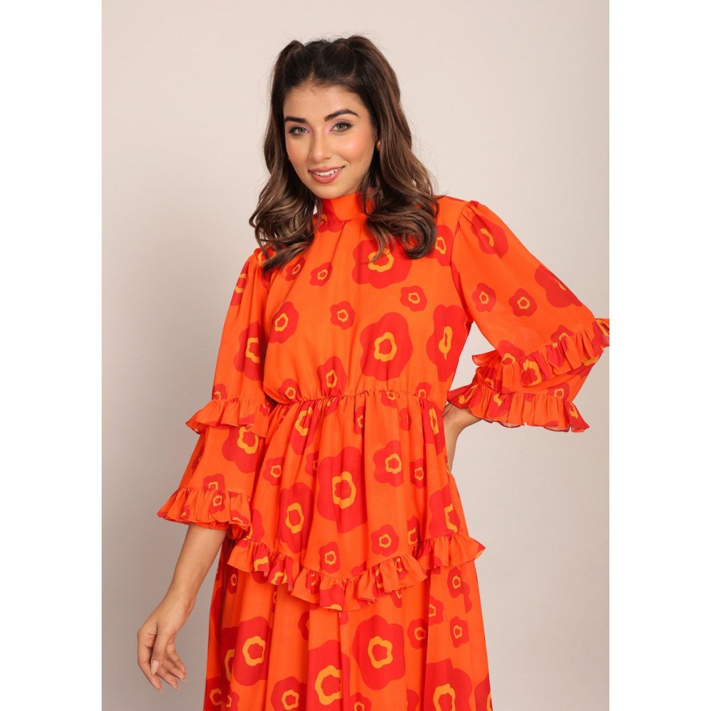 Kaori By Shreya Orange And Red Floral Summer Midi Dress