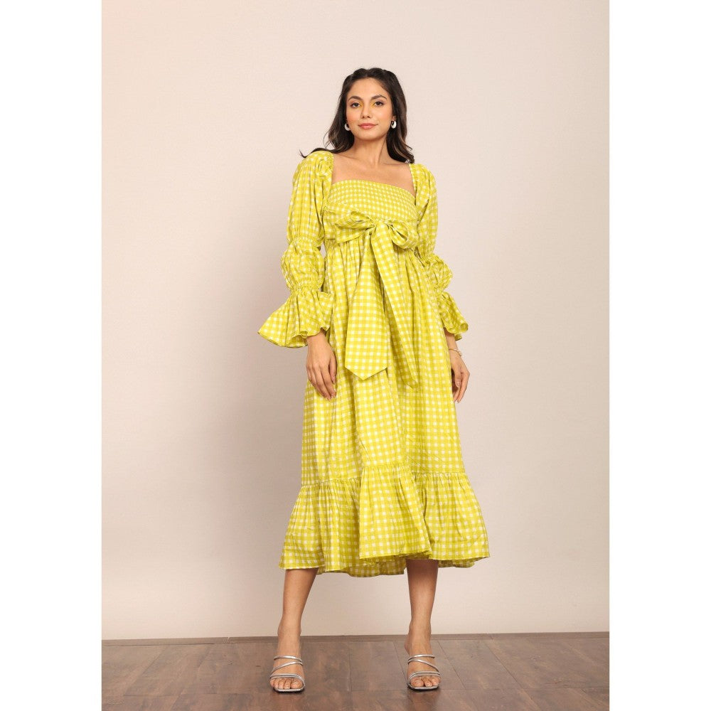 Kaori By Shreya Green Pleated Volume Sleeves Midi Dress with Detachable Sleeves (Set of 2)