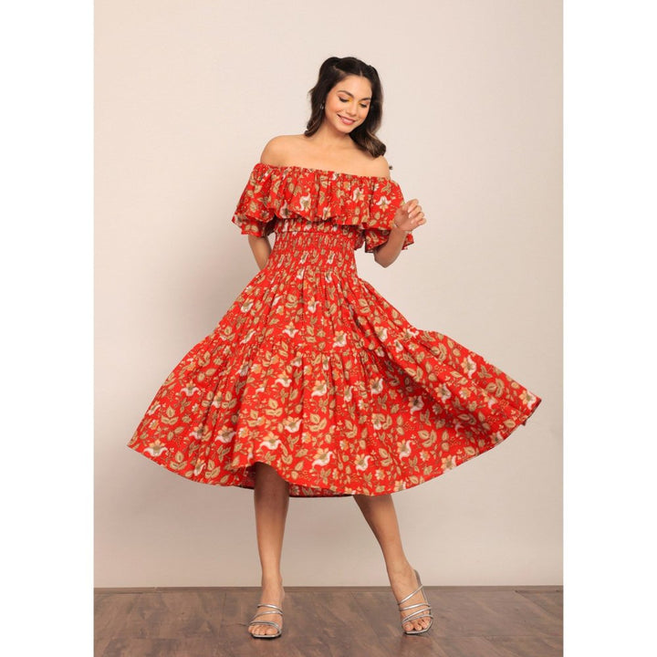 Kaori By Shreya Red Floral Off Sholder Midi Dress