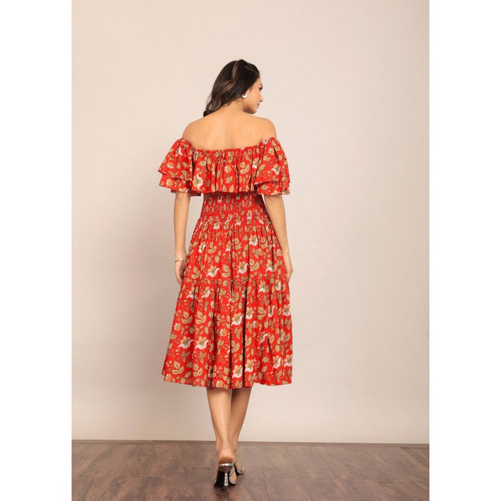 Kaori By Shreya Red Floral Off Sholder Midi Dress