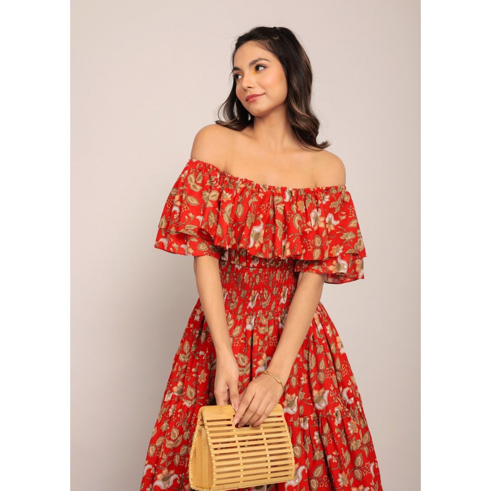 Kaori By Shreya Red Floral Off Sholder Midi Dress