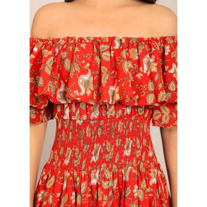 Kaori By Shreya Red Floral Off Sholder Midi Dress