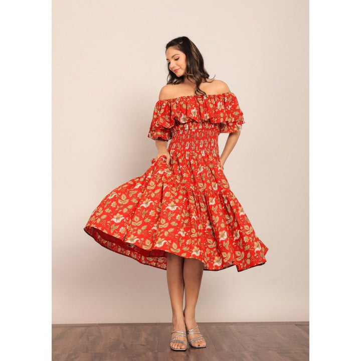 Kaori By Shreya Red Floral Off Sholder Midi Dress