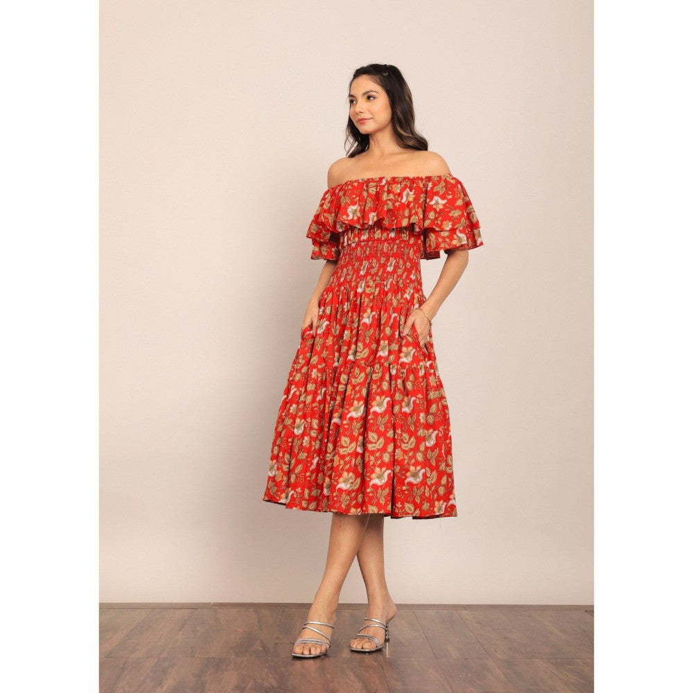 Kaori By Shreya Red Floral Off Sholder Midi Dress