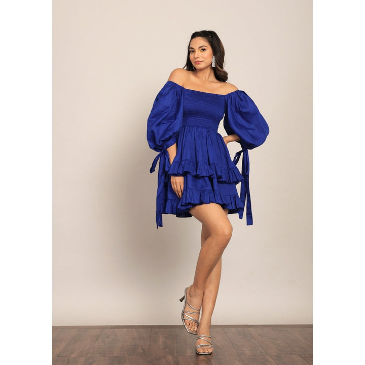 Kaori By Shreya Blue Solid Skater Bust Fitted Mini Dress