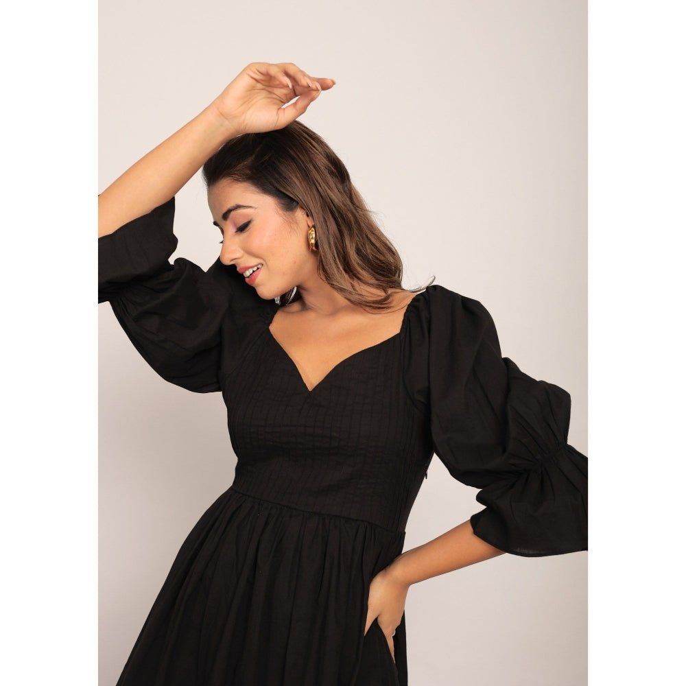 Kaori By Shreya Black Pleated Volume Sleeves Mini Dress