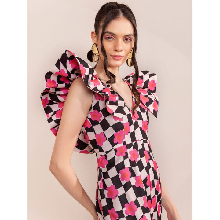 Kaori By Shreya Retro Checks Shoulder Ruffle Jumpsuit