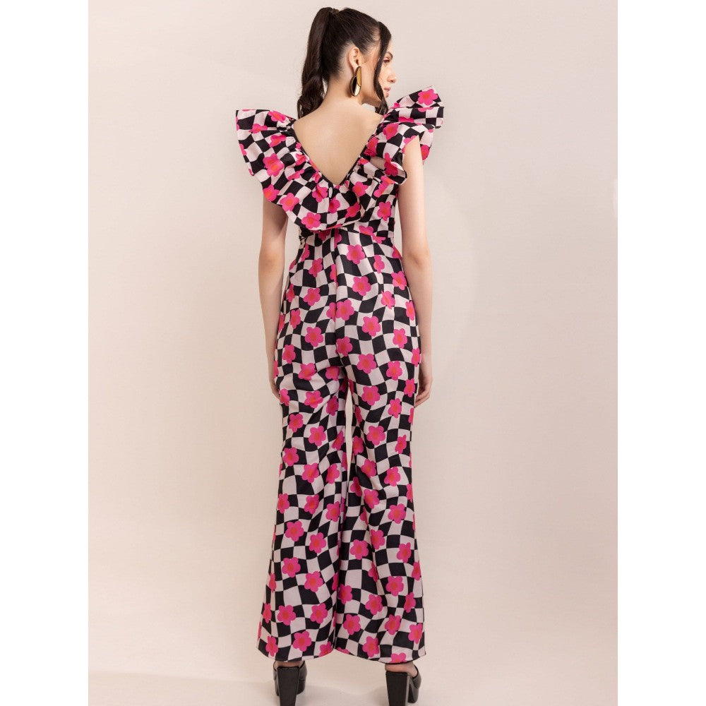 Kaori By Shreya Retro Checks Shoulder Ruffle Jumpsuit