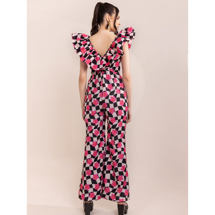 Kaori By Shreya Retro Checks Shoulder Ruffle Jumpsuit