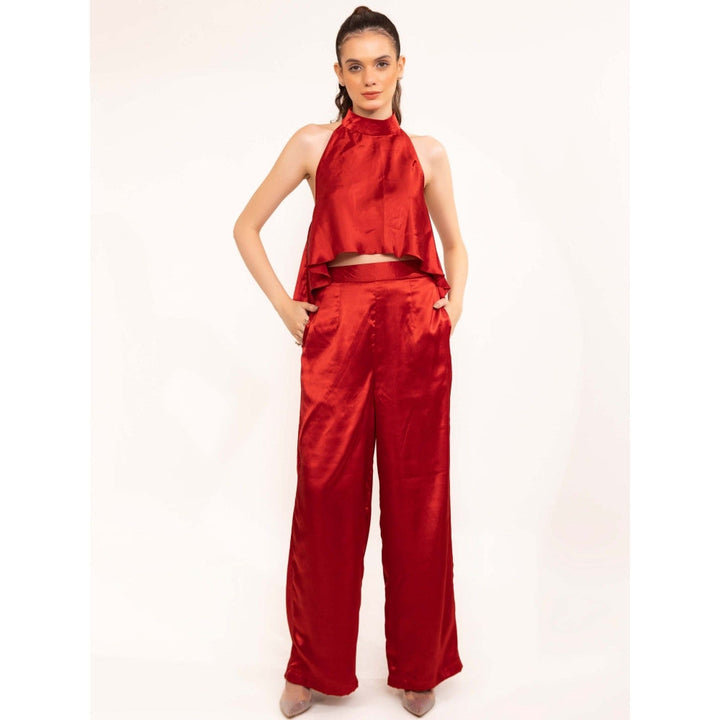 Kaori By Shreya Red Hot Halter Neck Co-Ord (Set of 2)