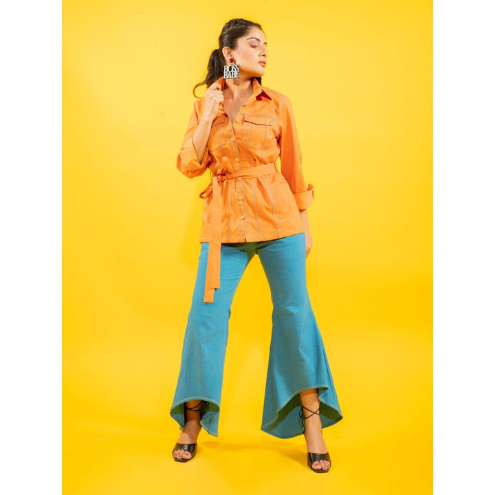 Kaori By Shreya Sunrise Orange Shirt with Denim Pant and Belt (Set of 3)