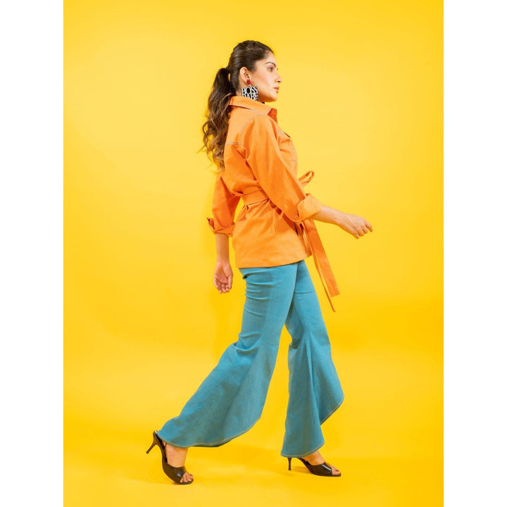 Kaori By Shreya Sunrise Orange Shirt with Denim Pant and Belt (Set of 3)