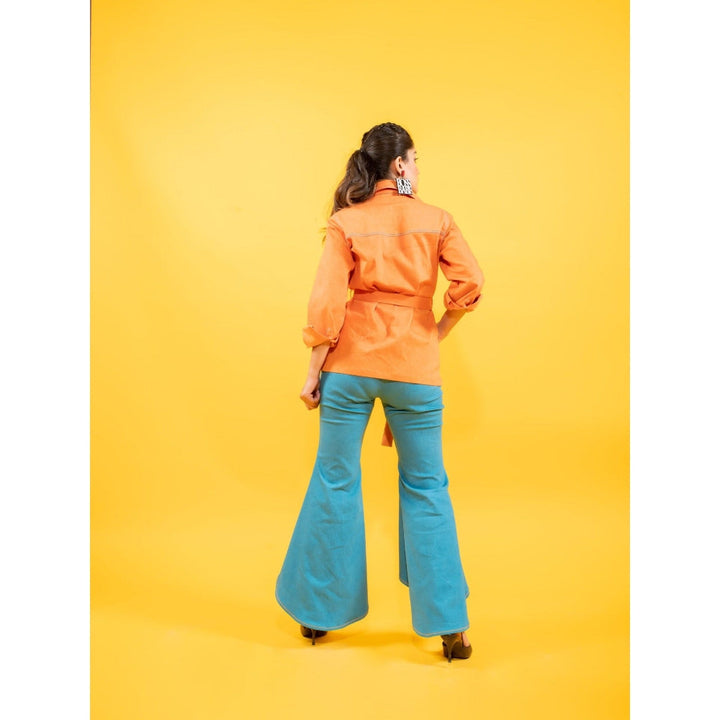 Kaori By Shreya Sunrise Orange Shirt with Denim Pant and Belt (Set of 3)