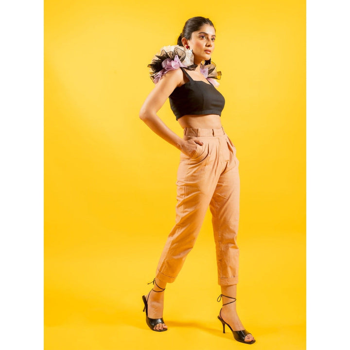 Kaori By Shreya Black Ruffled Shoulder Crop Top & Tan Trouser (Set of 2)