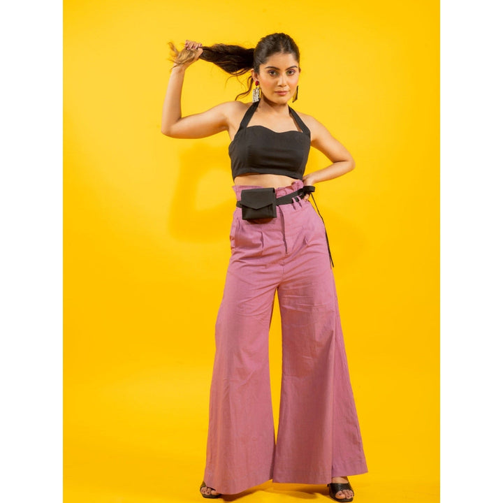 Kaori By Shreya Black Halter Crop Top and High Waist Mauve Trouser (Set of 2)