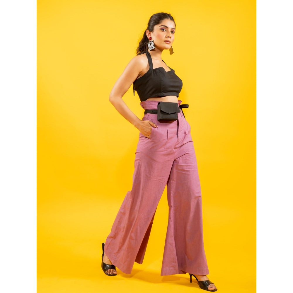 Kaori By Shreya Black Halter Crop Top and High Waist Mauve Trouser (Set of 2)