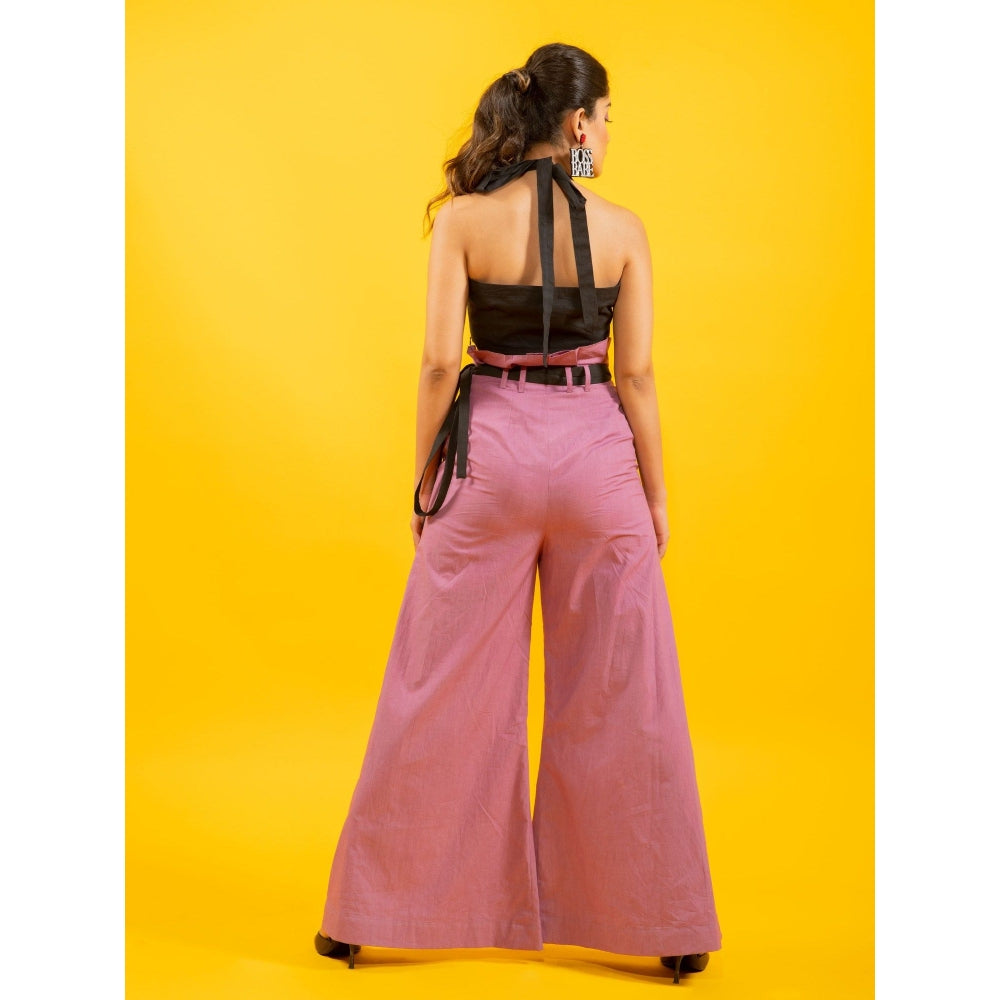 Kaori By Shreya Black Halter Crop Top and High Waist Mauve Trouser (Set of 2)