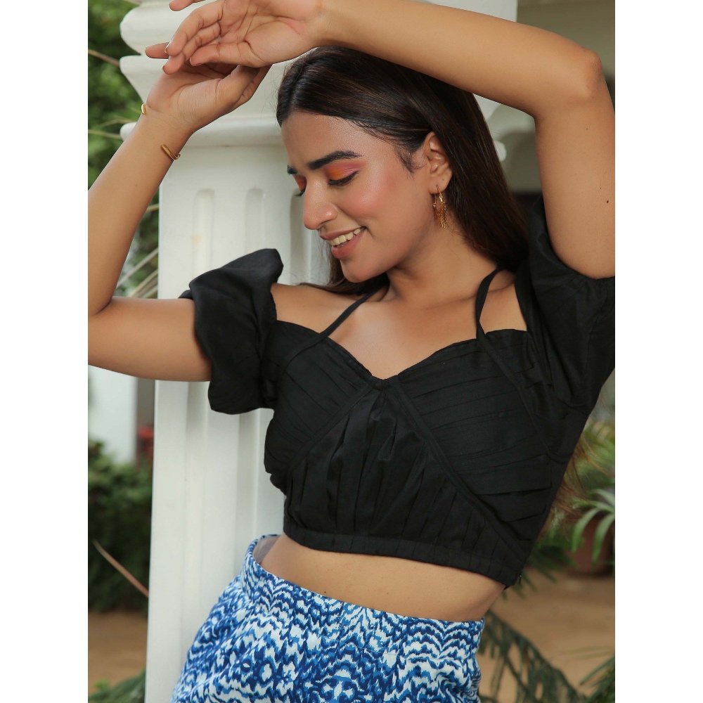 Kaori By Shreya Jet Black Halter Crop Top With Blue Skirt (Set of 2)