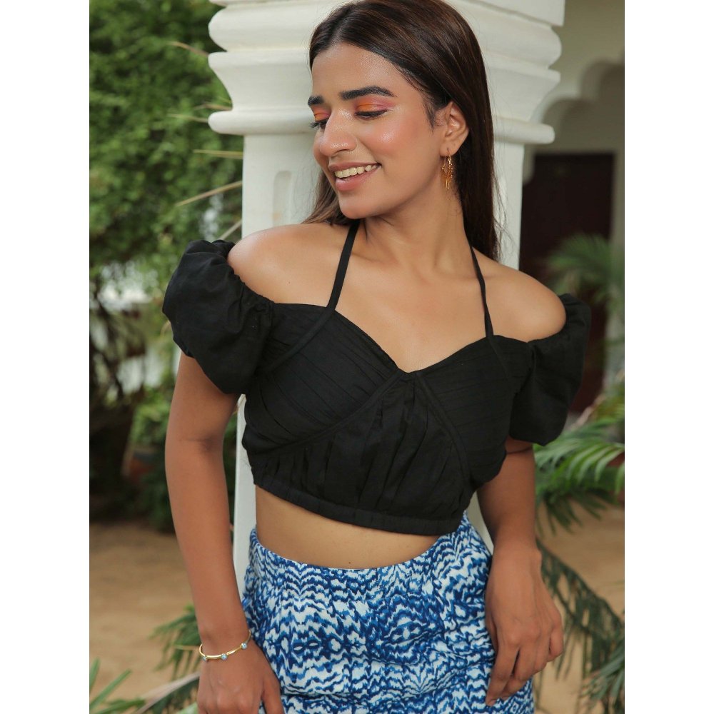 Kaori By Shreya Jet Black Halter Crop Top With Blue Skirt (Set of 2)