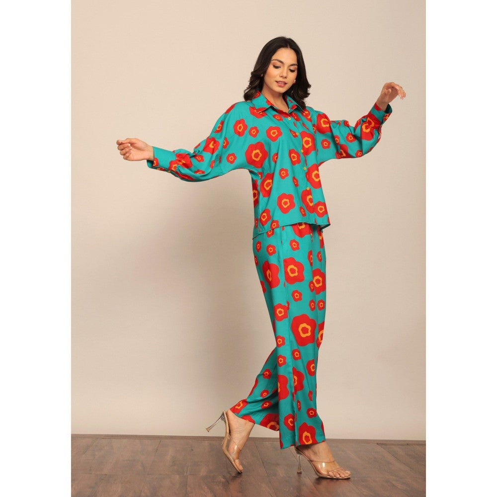 Kaori By Shreya Sea Green & Red Floral Relax Co-Ord (Set of 2)