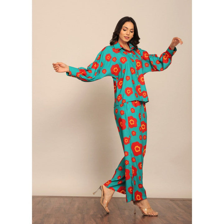 Kaori By Shreya Sea Green & Red Floral Relax Co-Ord (Set of 2)