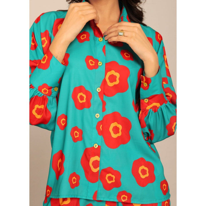 Kaori By Shreya Sea Green & Red Floral Relax Co-Ord (Set of 2)