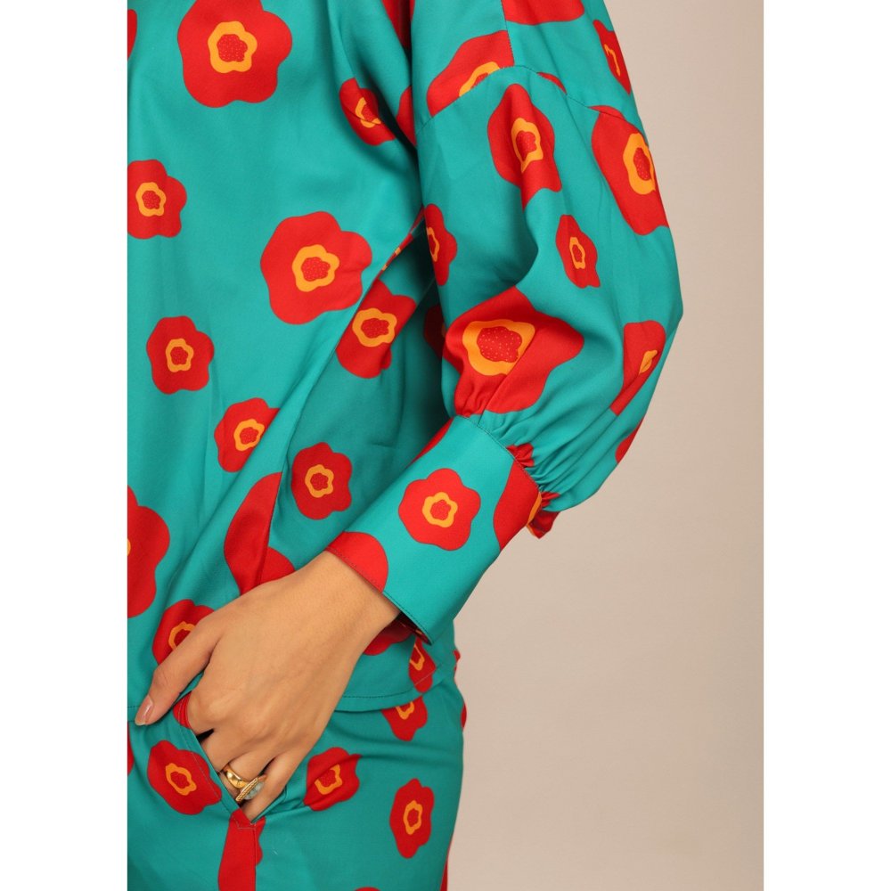 Kaori By Shreya Sea Green & Red Floral Relax Co-Ord (Set of 2)