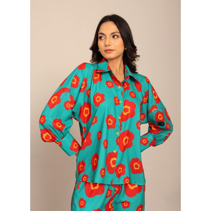 Kaori By Shreya Sea Green & Red Floral Relax Co-Ord (Set of 2)