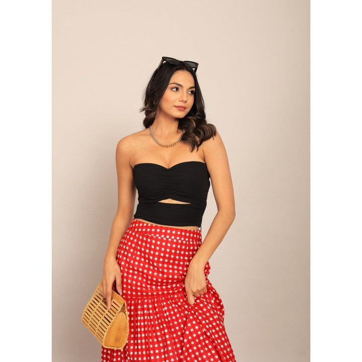 Kaori By Shreya Black & Red Bust Fitted Crop Top And Skirt (Set of 2)