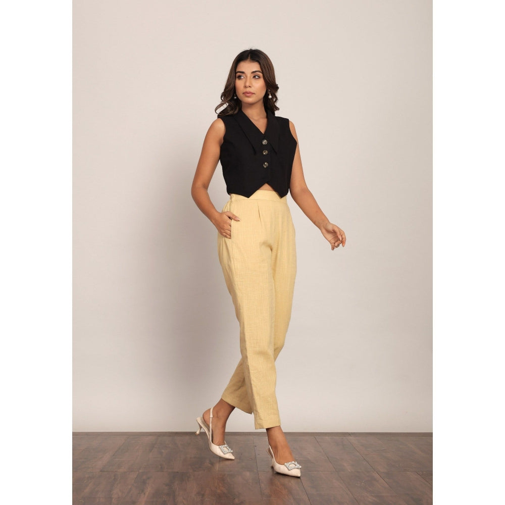 Kaori By Shreya Black & Beige Solid Relaxed Crop Top with Pant (Set of 2)