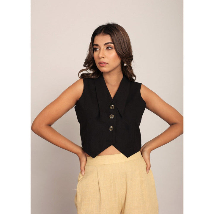 Kaori By Shreya Black & Beige Solid Relaxed Crop Top with Pant (Set of 2)