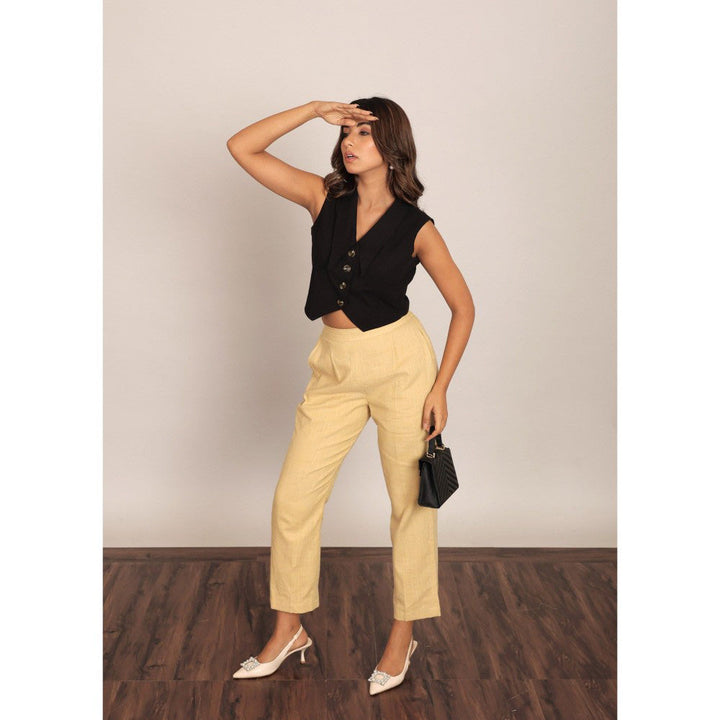 Kaori By Shreya Black & Beige Solid Relaxed Crop Top with Pant (Set of 2)