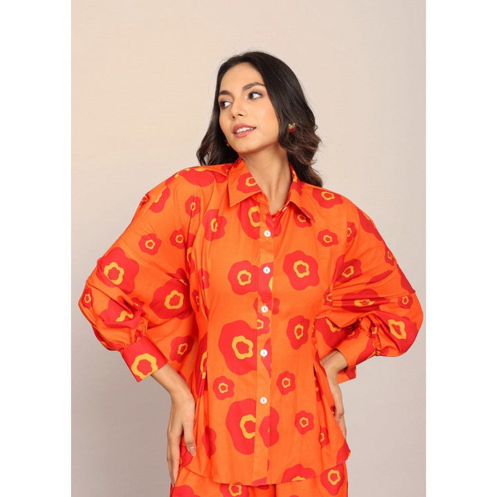 Kaori By Shreya Orange Floral Relaxed Shirt Back Belt