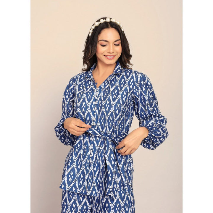 Kaori By Shreya Blue And White Relaxed Shirt with Belt (Set of 2)