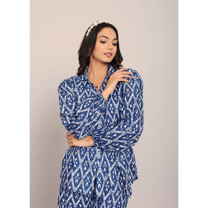 Kaori By Shreya Blue And White Relaxed Shirt with Belt (Set of 2)