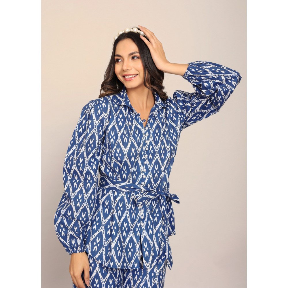 Kaori By Shreya Blue And White Relaxed Shirt with Belt (Set of 2)