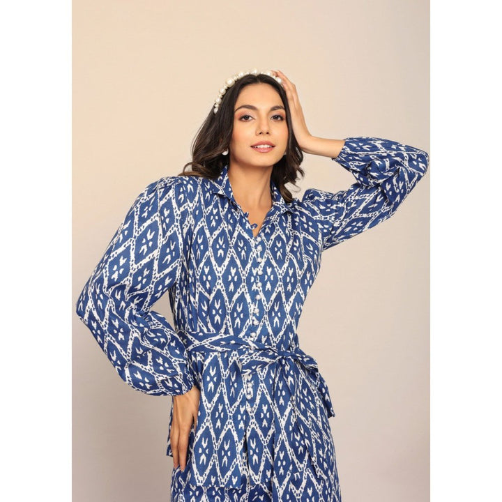 Kaori By Shreya Blue And White Relaxed Shirt with Belt (Set of 2)