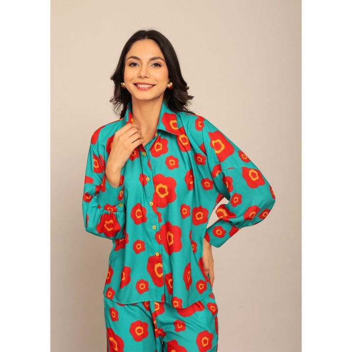 Kaori By Shreya Sea Green And Red Floral Relaxed Shirt