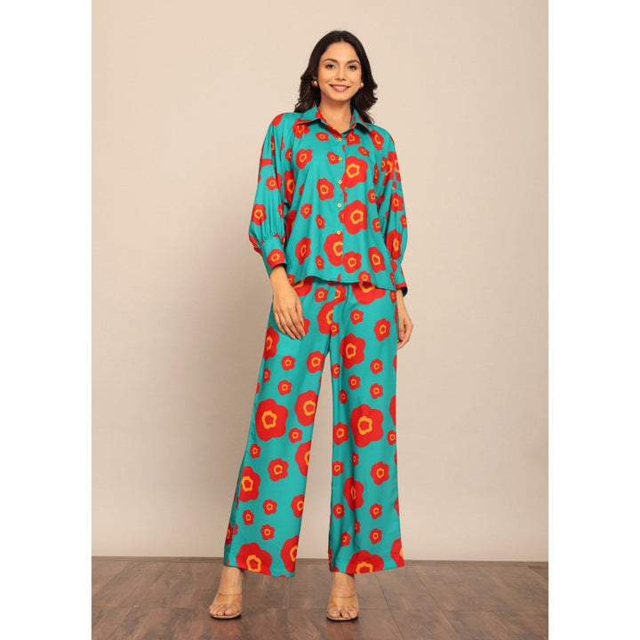 Kaori By Shreya Sea Green And Red Floral Relaxed Shirt