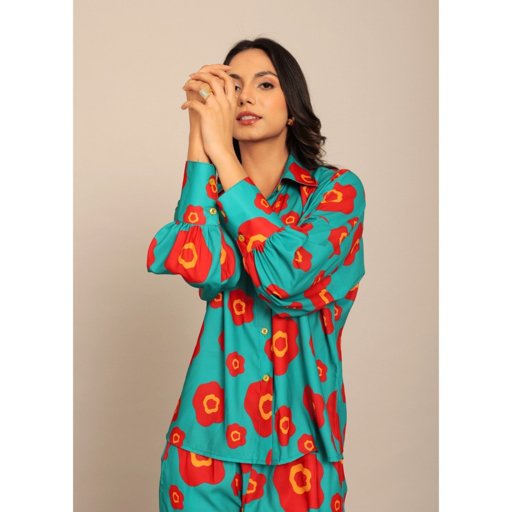 Kaori By Shreya Sea Green And Red Floral Relaxed Shirt