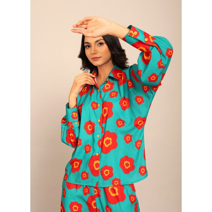 Kaori By Shreya Sea Green And Red Floral Relaxed Shirt