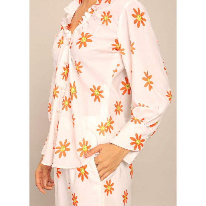 Kaori By Shreya White And Orange Floral Relaxed Shirt