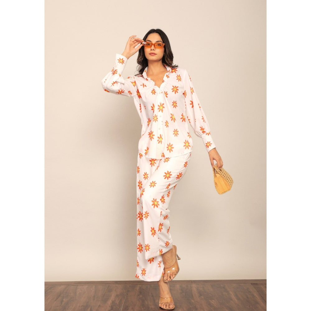 Kaori By Shreya White And Orange Floral Relaxed Shirt