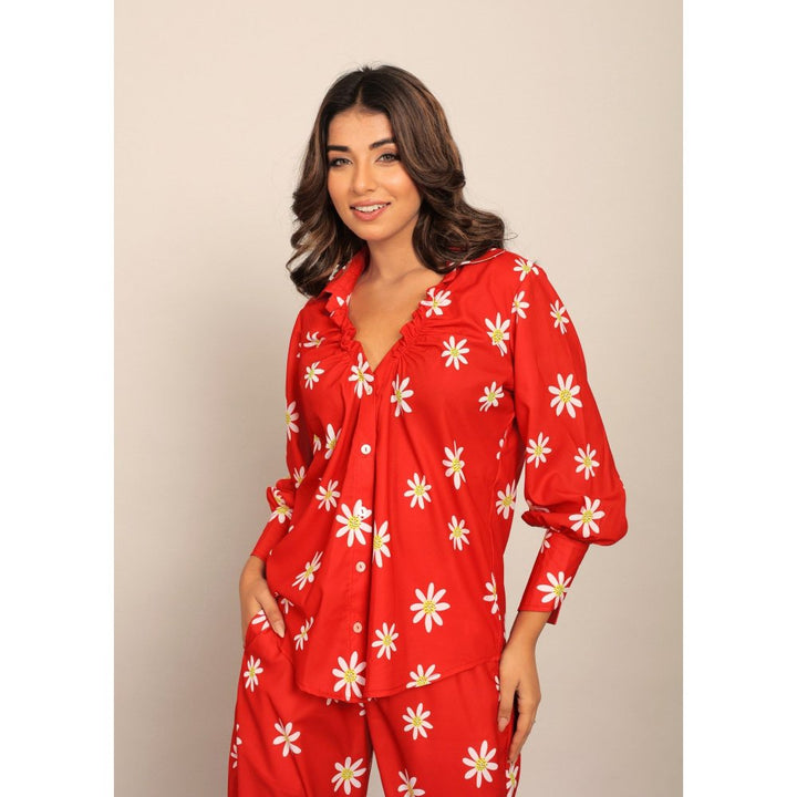 Kaori By Shreya Red & White Floral Printed Relaxed Shirt