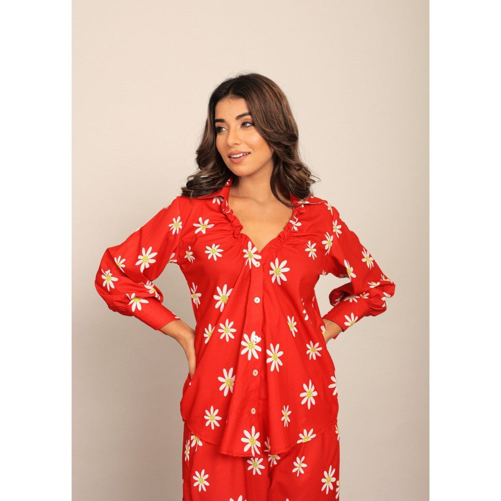 Kaori By Shreya Red & White Floral Printed Relaxed Shirt