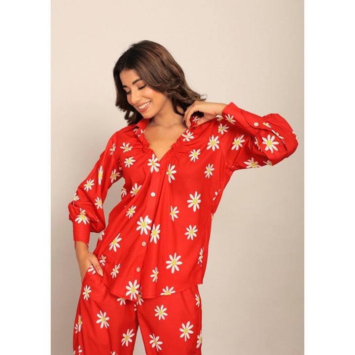 Kaori By Shreya Red & White Floral Printed Relaxed Shirt