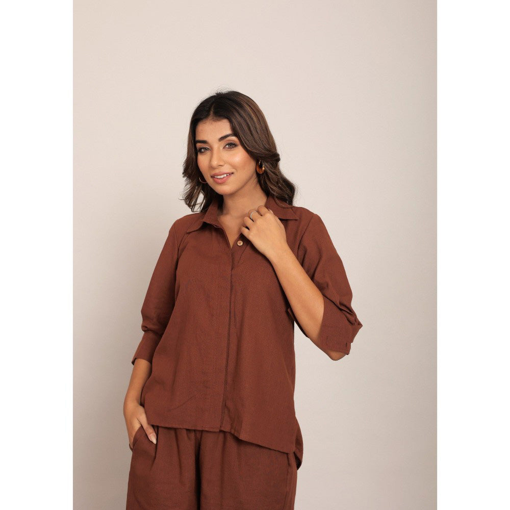 Kaori By Shreya Brown Solid Relaxed Front Collar Shirt