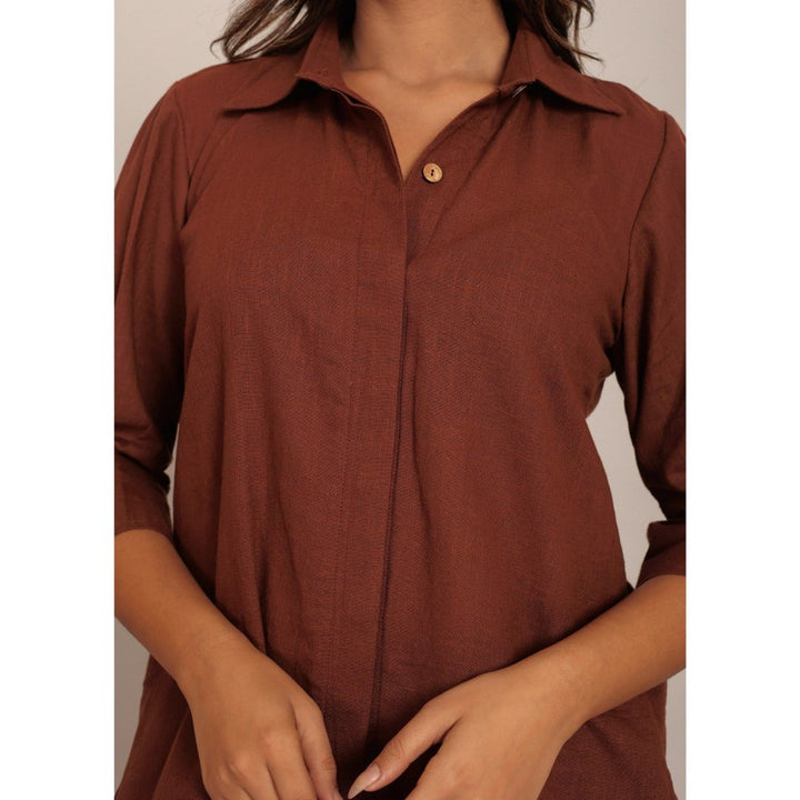 Kaori By Shreya Brown Solid Relaxed Front Collar Shirt